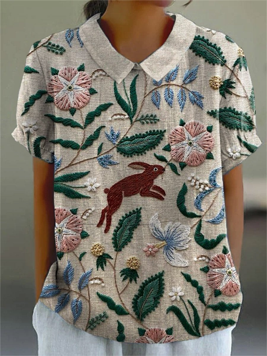 Women's Retro Floral Rabbit Print Casual Cotton And Linen Shirt