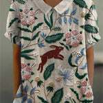 Women's Retro Floral Rabbit Print Casual Cotton And Linen Shirt