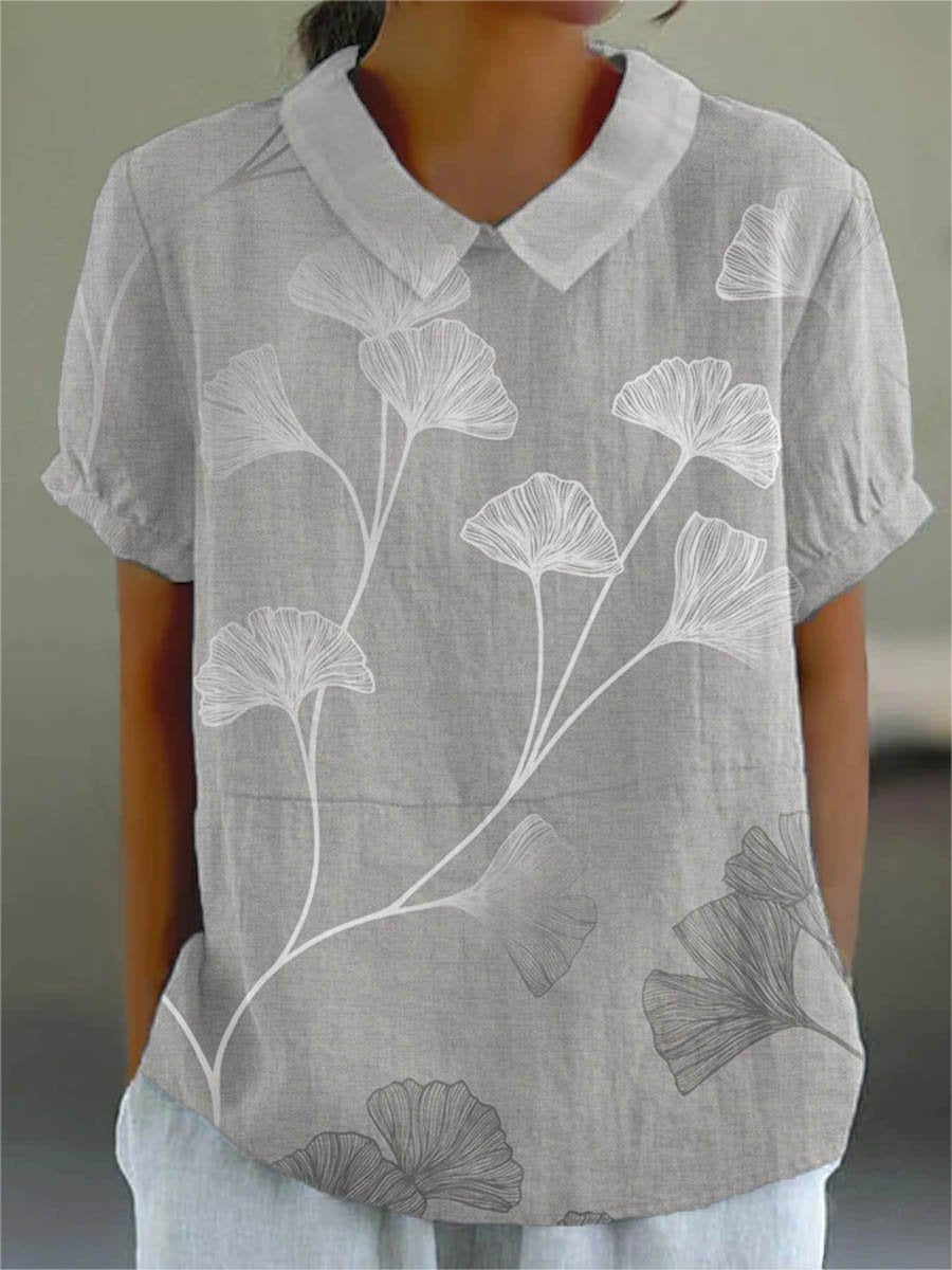 Women's Flower And Leaf Art Pattern Print Casual Cotton And Linen Shirt