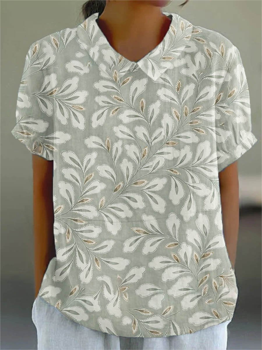 Women's Flower And Leaf Art Pattern Print Casual Cotton And Linen Shirt