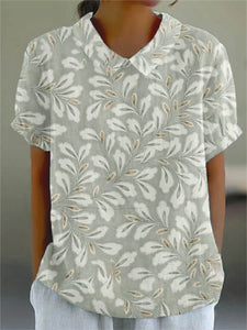 Women's Flower And Leaf Art Pattern Print Casual Cotton And Linen Shirt