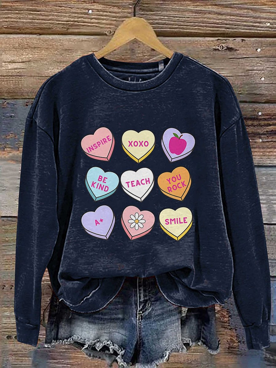 Teacher Conversation Hearts Valentine's Day Print Casual Sweatshirt