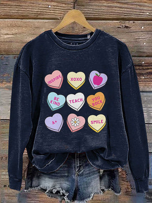 Teacher Conversation Hearts Valentine's Day Print Casual Sweatshirt