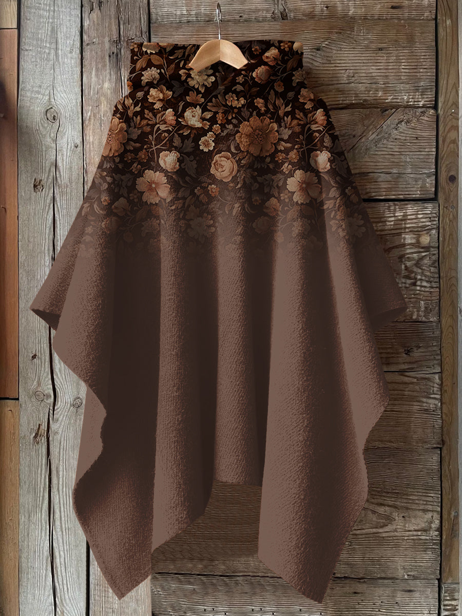 Brown Floral Print Hooded Warm Shawl
