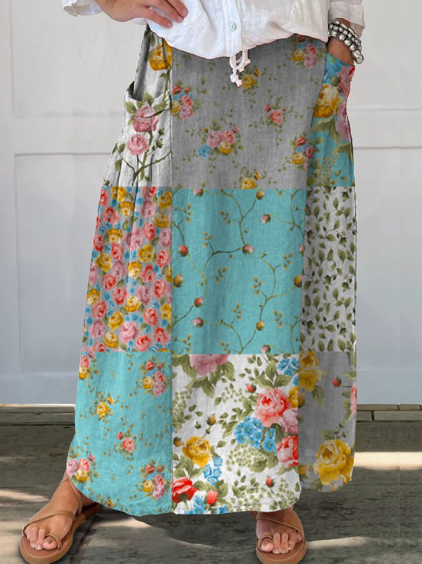 Women's Retro Floral Patchwork Art Linen Pocket Skirt