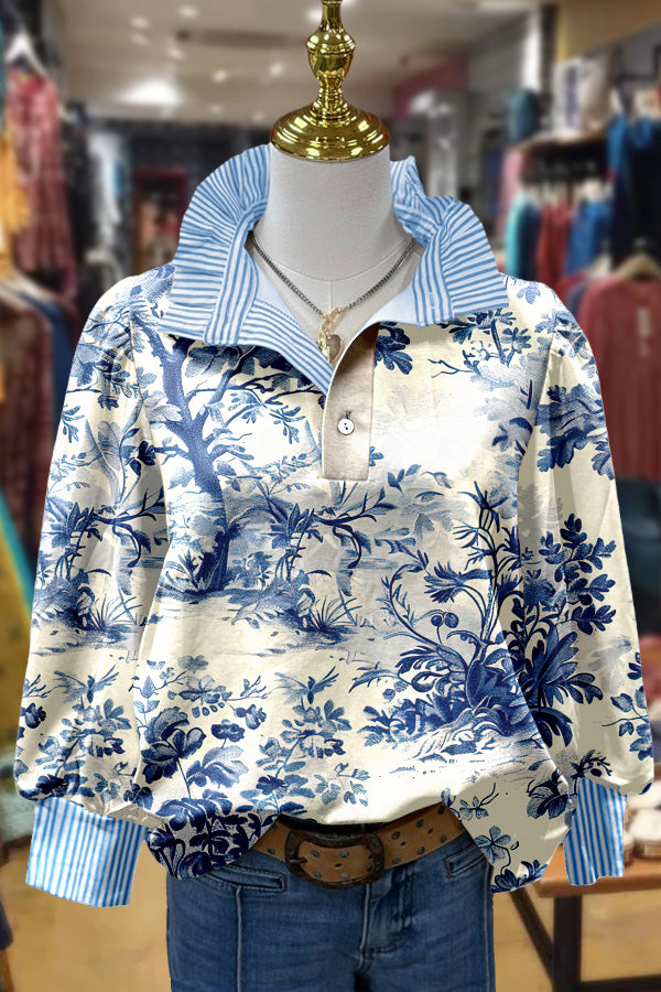 Elegant Floral Print Striped Top