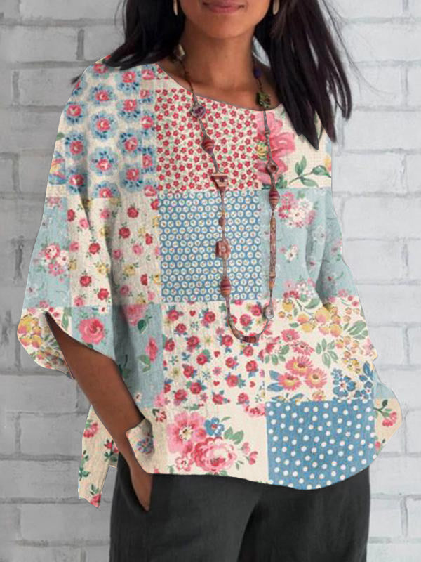 Retro Floral Print Loose Round Neck Mid-sleeve Top