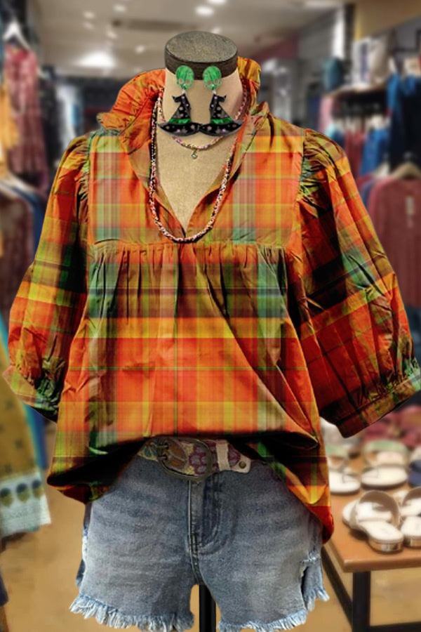 Colorful Plaid V-Neck Halloween Top