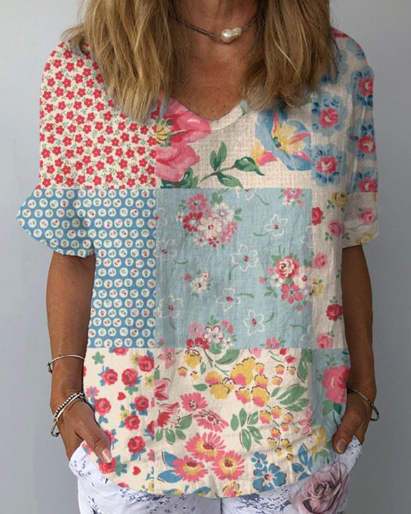 Women's Casual Floral Loose Short Sleeve Top