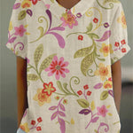 Women's Flowers And Leaves Casual Cotton And Linen Shirt