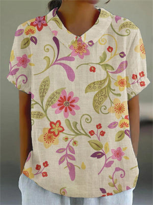 Women's Flowers And Leaves Casual Cotton And Linen Shirt