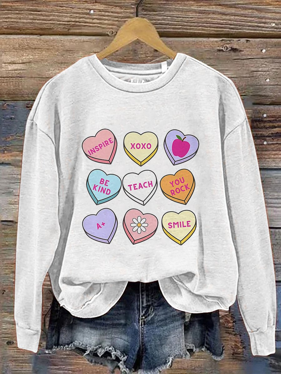 Teacher Conversation Hearts Valentine's Day Print Casual Sweatshirt
