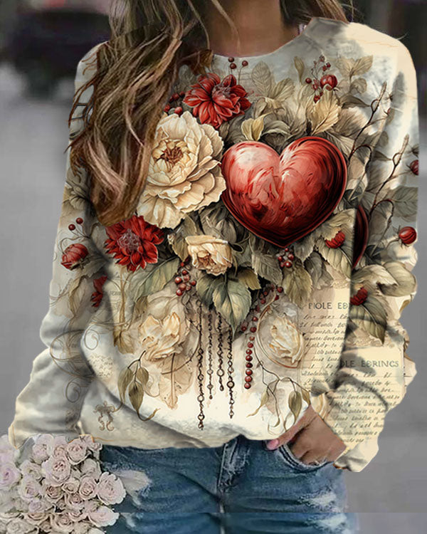 Retro Chic Valentine Heart Floral Long Sleeve Sweatshirt 