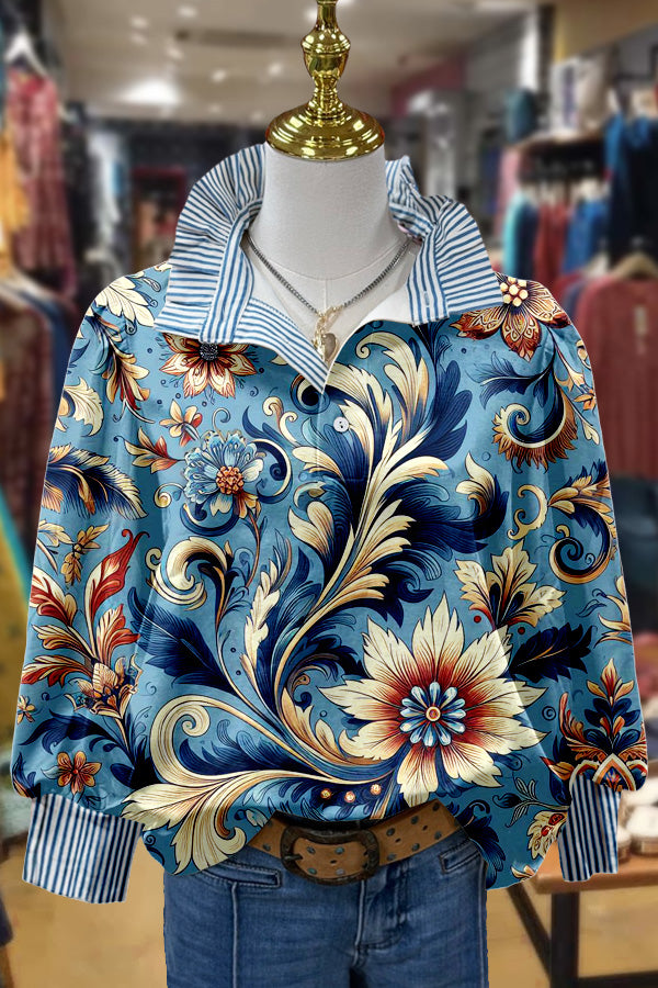Floral Print Striped Collar Top