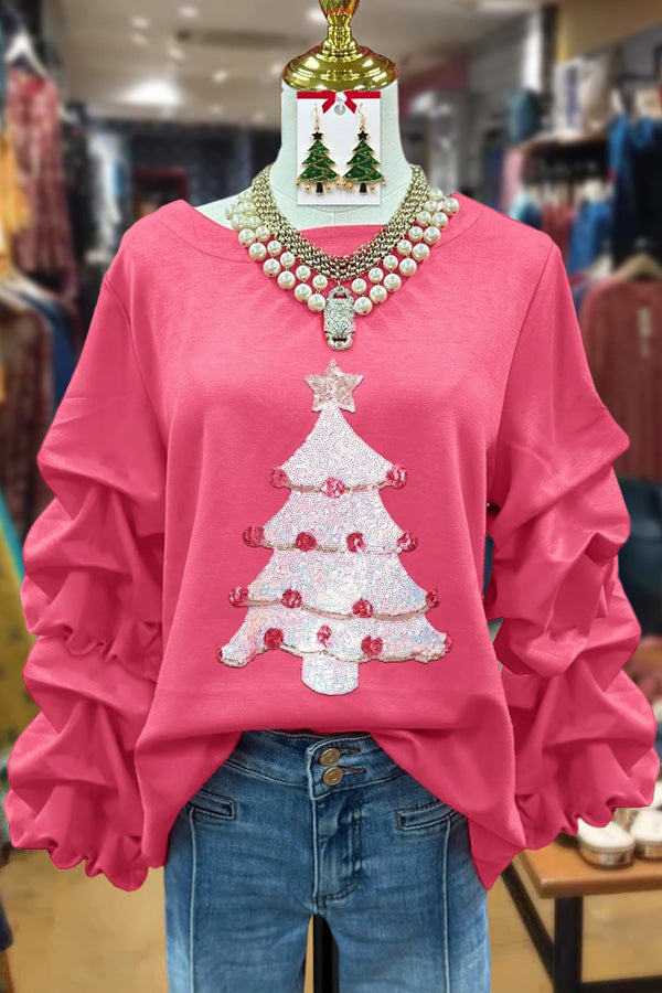 Christmas Tree Print Ruched Long Sleeve Top