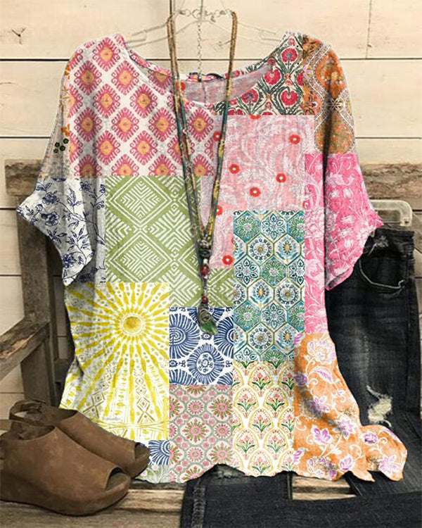 Retro Floral Crew Neck Short Sleeve Top