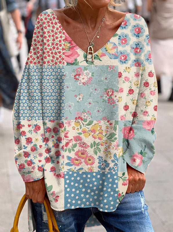 Retro Floral Print Loose Long Sleeve Top
