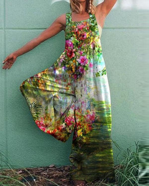 Retro Print Casual Loose Jumpsuit