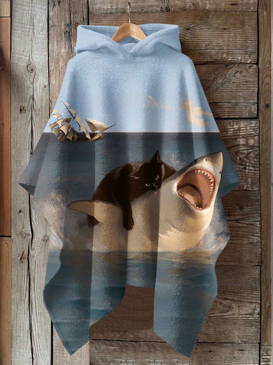 Cat Shark Funny Art Print Hooded Warm Cape