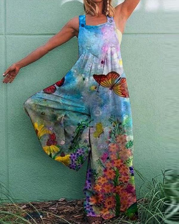 Retro Print Casual Loose Jumpsuit