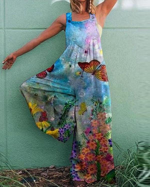 Retro Print Casual Loose Jumpsuit