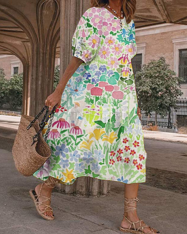 Women's Retro Round Neck Puff Sleeve Floral Dress