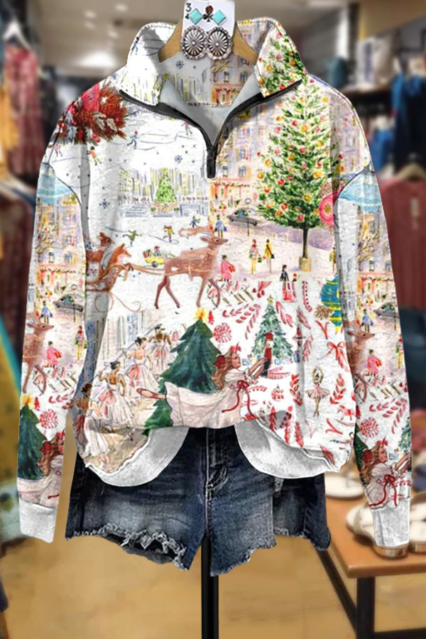 Mixed Christmas Print Zipper Sweatshirt