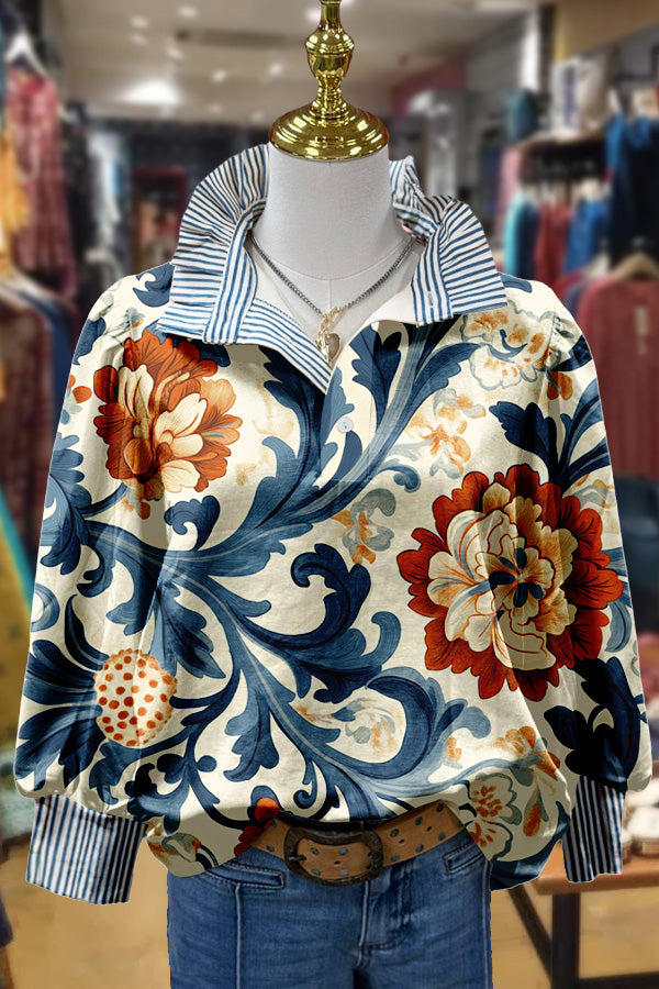 Vintage Floral Print Striped Collar Top