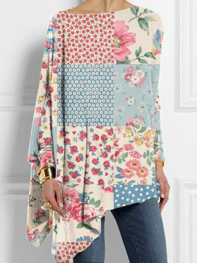 Vintage Floral Long Sleeve Irregular Top