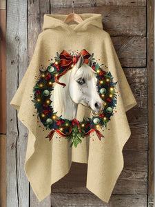 Christmas Horse Art Print Hooded Warm Cape