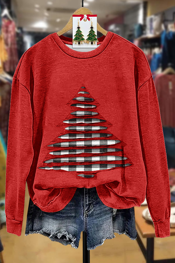 Retro Plaid Christmas Tree Applique Sweatshirt
