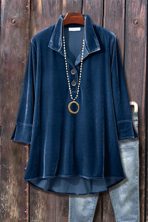 Solid Half Button Velvet Top