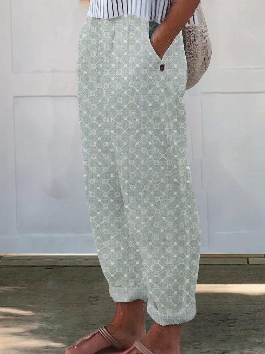 Women's Abstract Geometry Art Pattern Printed Cotton And Linen Casual Pants