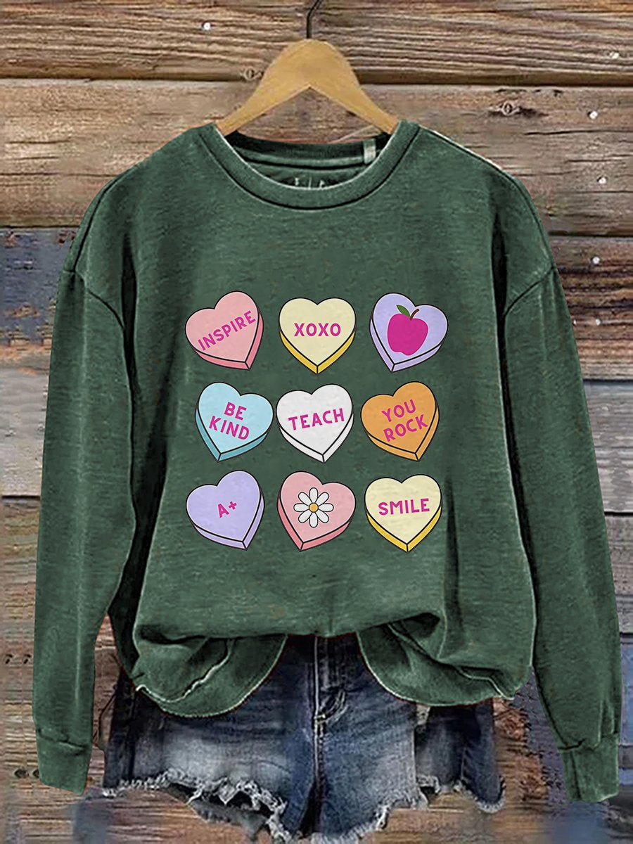 Teacher Conversation Hearts Valentine's Day Print Casual Sweatshirt