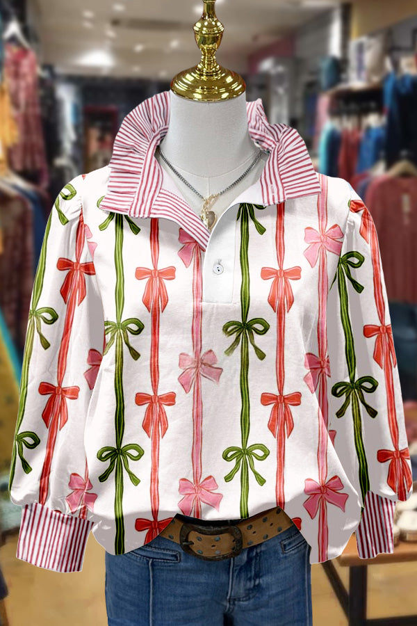 Sweet Christmas Bows Print Striped Top
