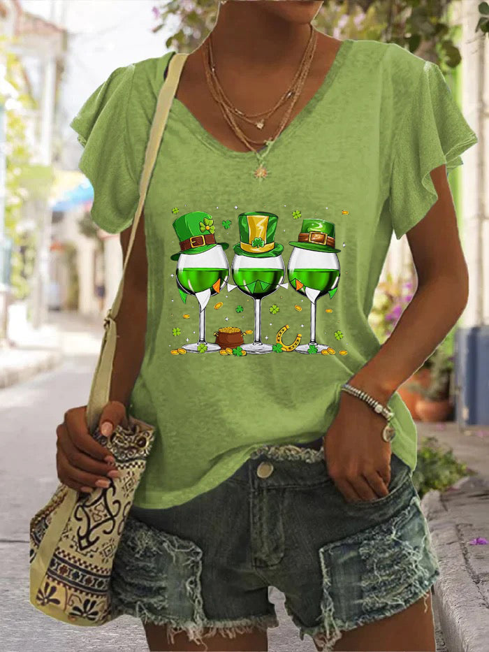 Women's Solid V-Neck Ruffle Sleeve St. Patrick'S Day T-Shirt