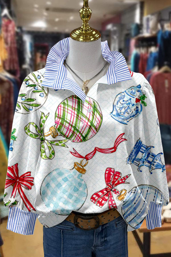 Christmas Ornaments Print Striped Collar Top