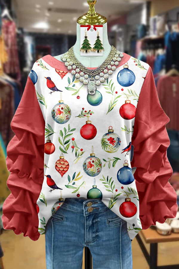 Christmas Ornaments Print Ruched Sleeve Top