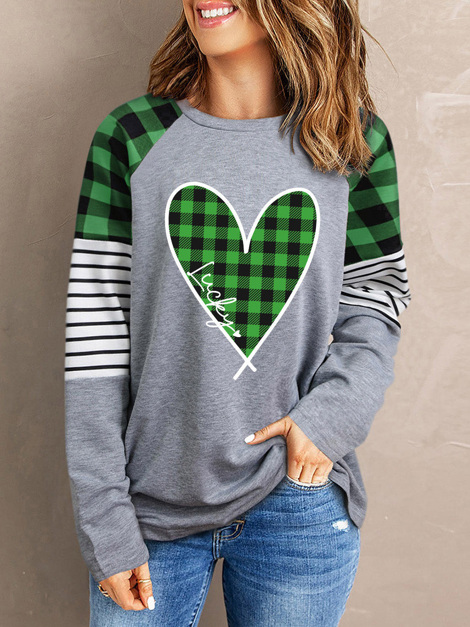 GREEN PLAID LOVE PRINT T-SHIRT