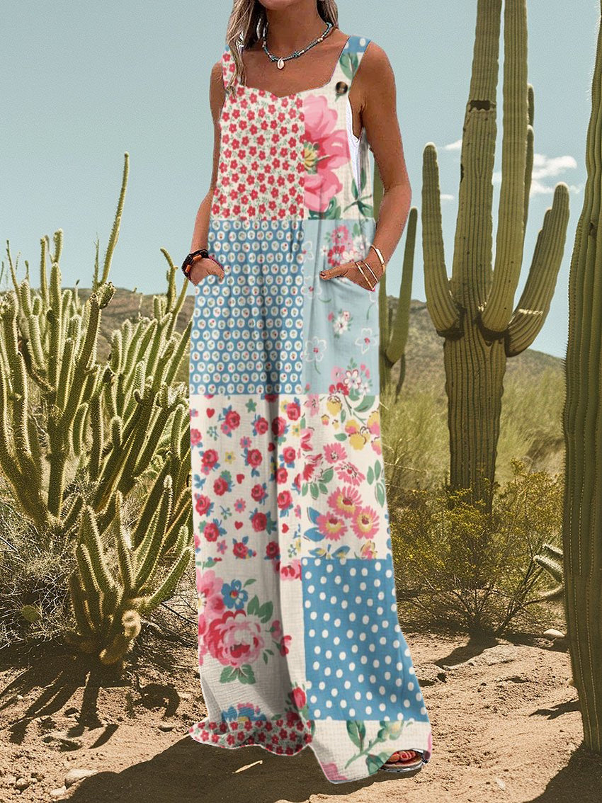 Retro Contrast Floral Bohemian Wide-leg Jumpsuit
