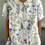 Mixed Floral In Spring Field Pattern Printed Women's Casual Cotton And Linen Shirt