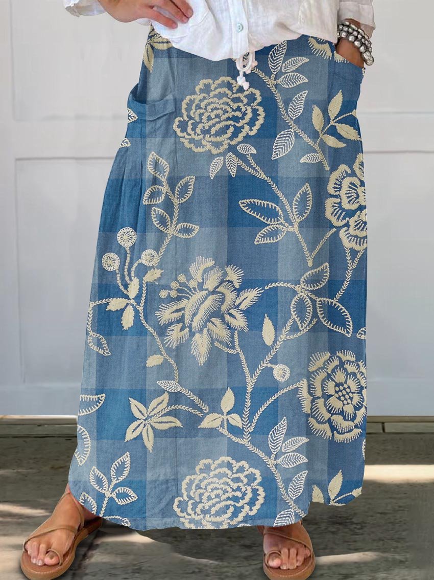 Women's Flowers And Leaves Art Pattern Print Linen Pocket Skirt