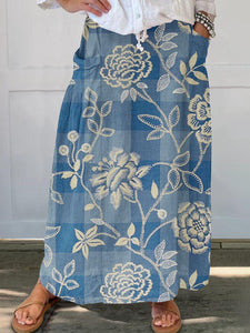 Women's Flowers And Leaves Art Pattern Print Linen Pocket Skirt