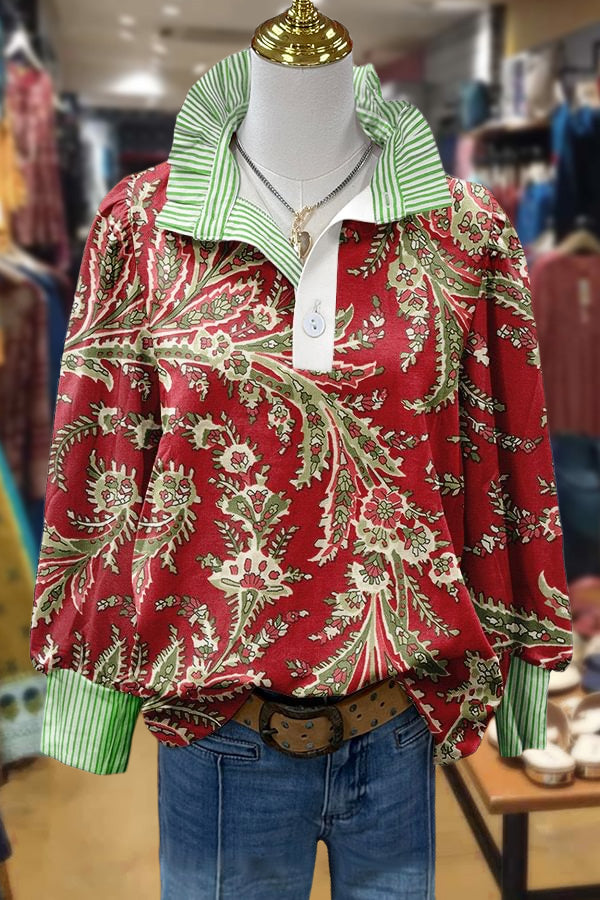 Christmas Floral Print Striped Top