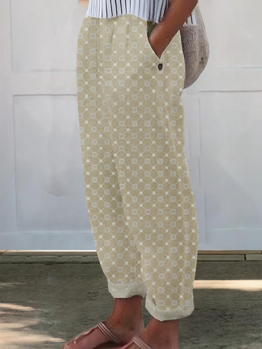 Women's Abstract Geometry Art Pattern Printed Cotton And Linen Casual Pants