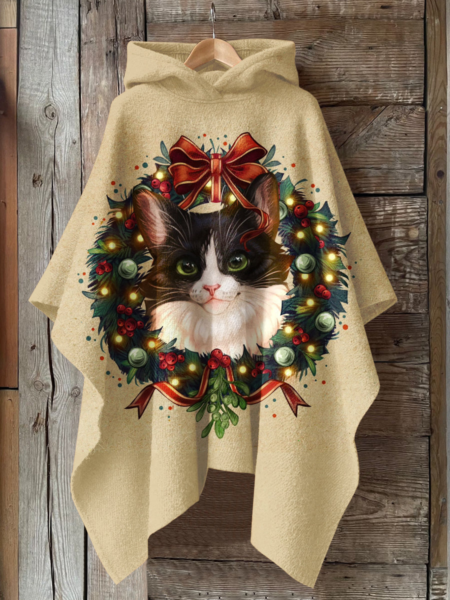 Christmas Cat Art Print Hooded Warm Cape
