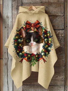 Christmas Cat Art Print Hooded Warm Cape
