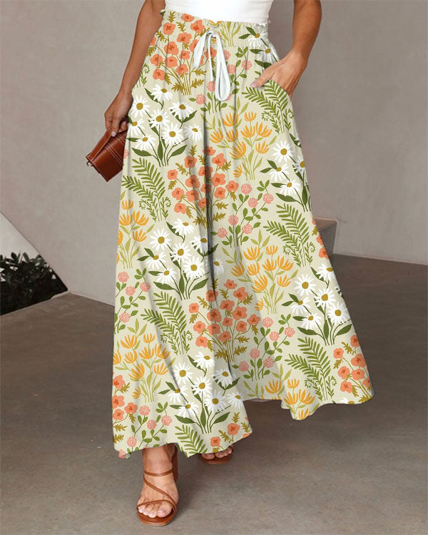 Casual Loose Lace-up Elastic Waist Floral Pants