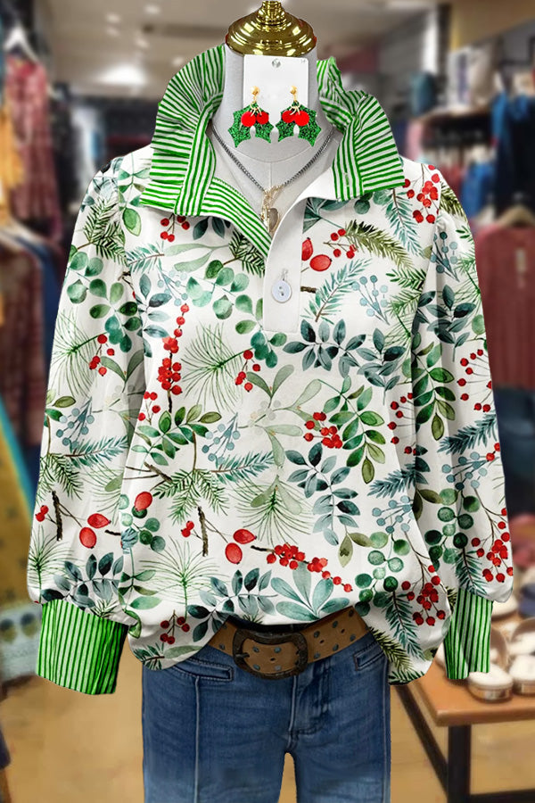Christmas Holly Print Striped Collar Top