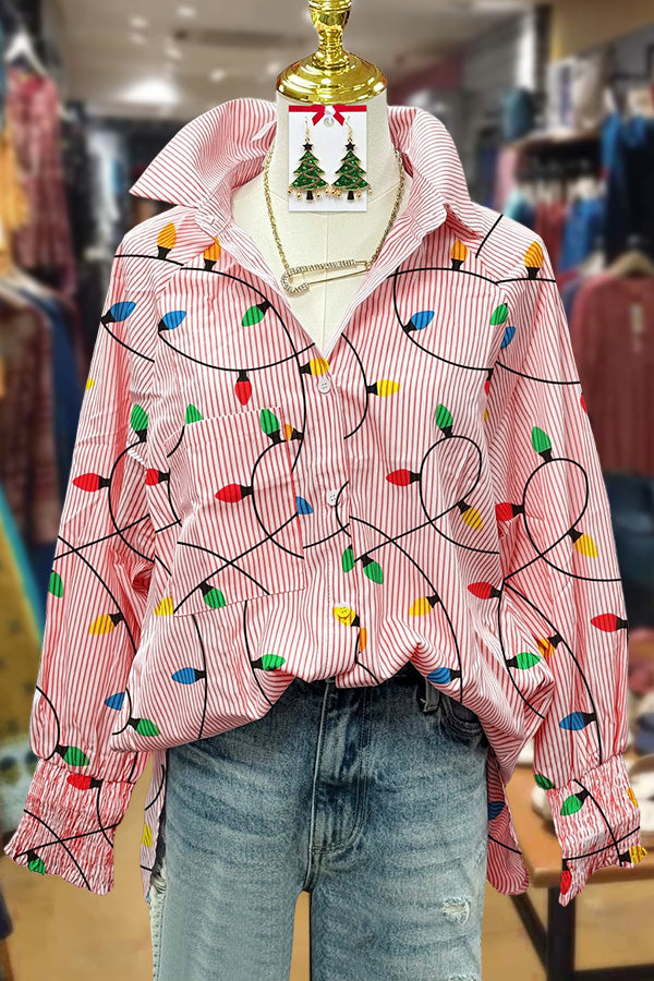 Christmas Lights Print Striped Blouse
